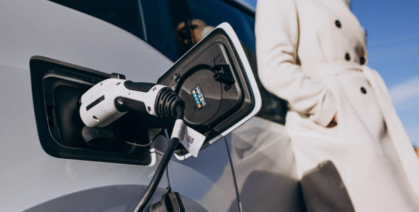 A female charging her tesla at a charging station