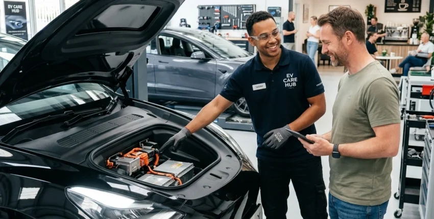 Customer speaking with a service advisor about a vehicle